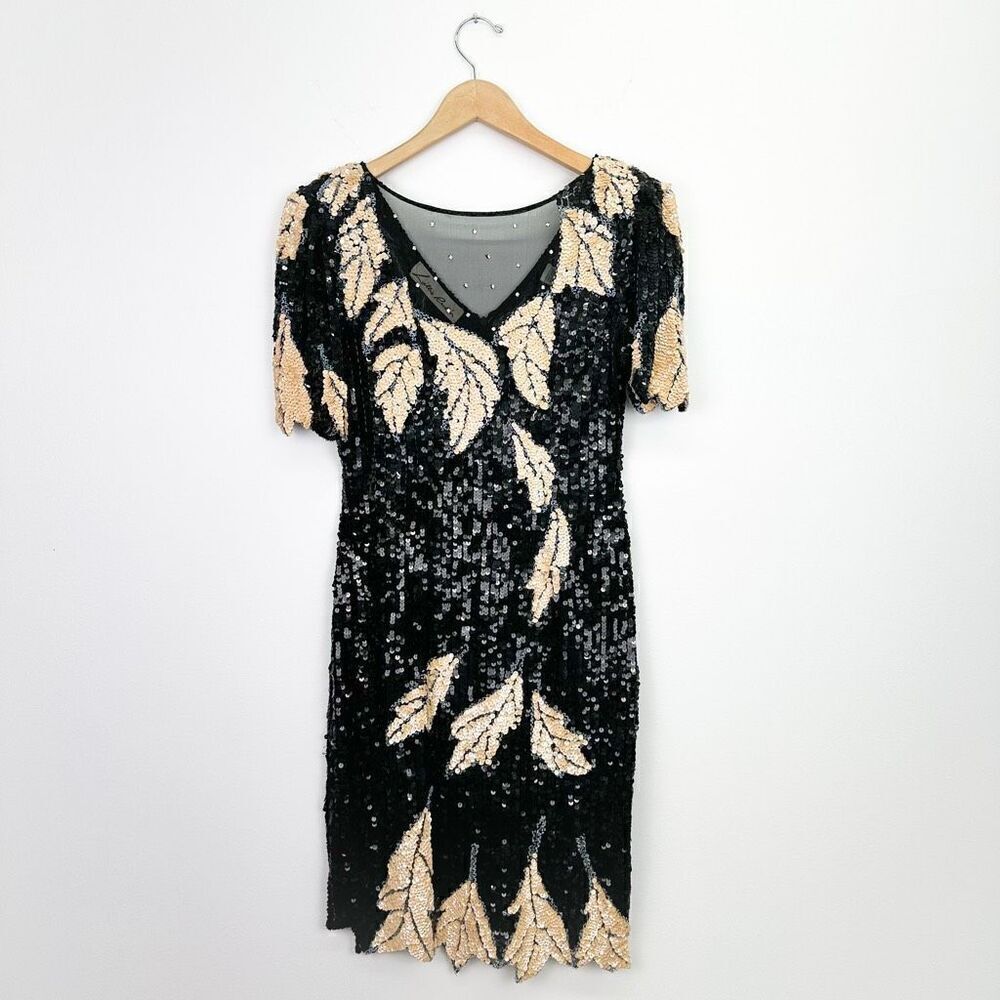 Lillie Rubin Women’s Black Cream All Over Sequin Leaf Illusion Neck Mini Dress